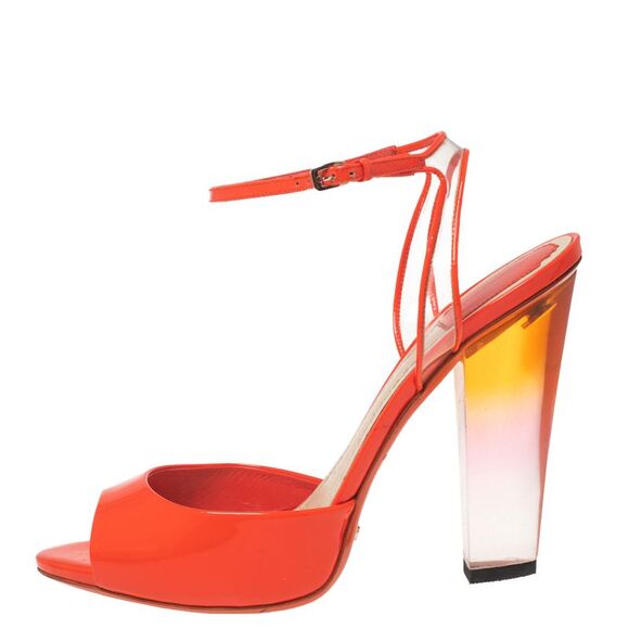 Dior Orange Patent Leather and PVC Clear Block Heels Ankle-Strap Sandals Size 41 - Picture 2 of 4